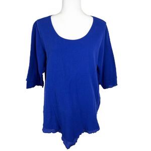 Soft Surroundings Blouse Women Large Blue Quarter Sleeve Cotton Scoop Neck